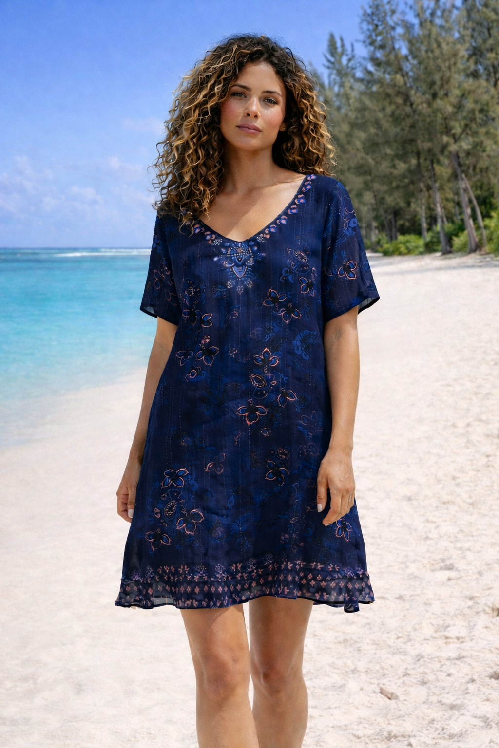 Robe fluide marine à motifs – style bohème chic