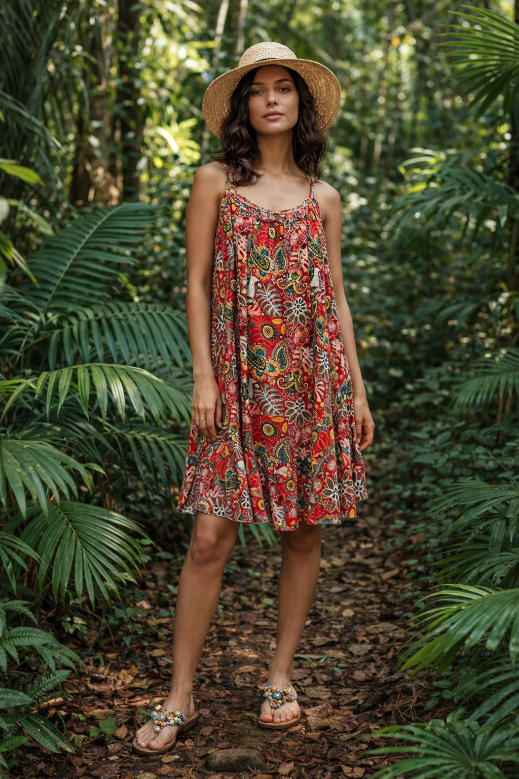 🌺 Robe bohème rouge à imprimés – Esprit tropical